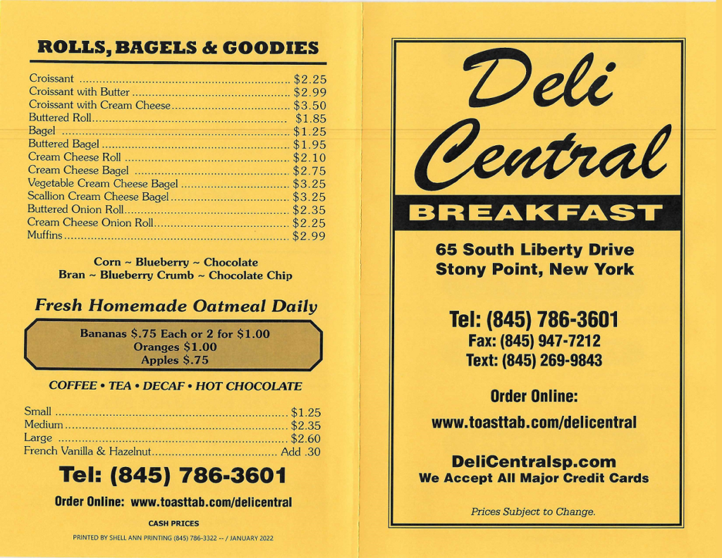 Breakfast Menu Deli Central