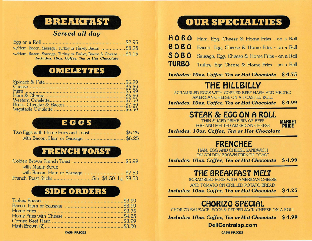 Breakfast Menu Deli Central
