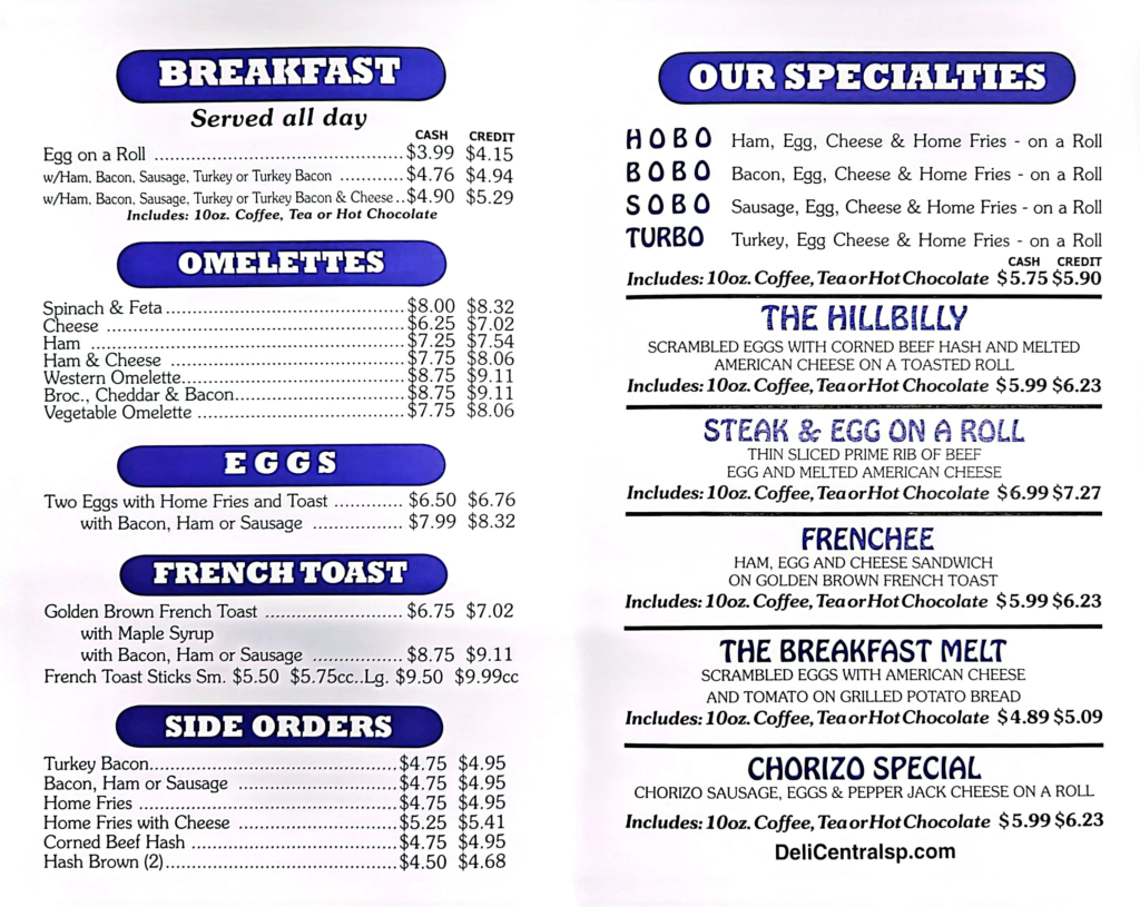 Breakfast Menu Deli Central