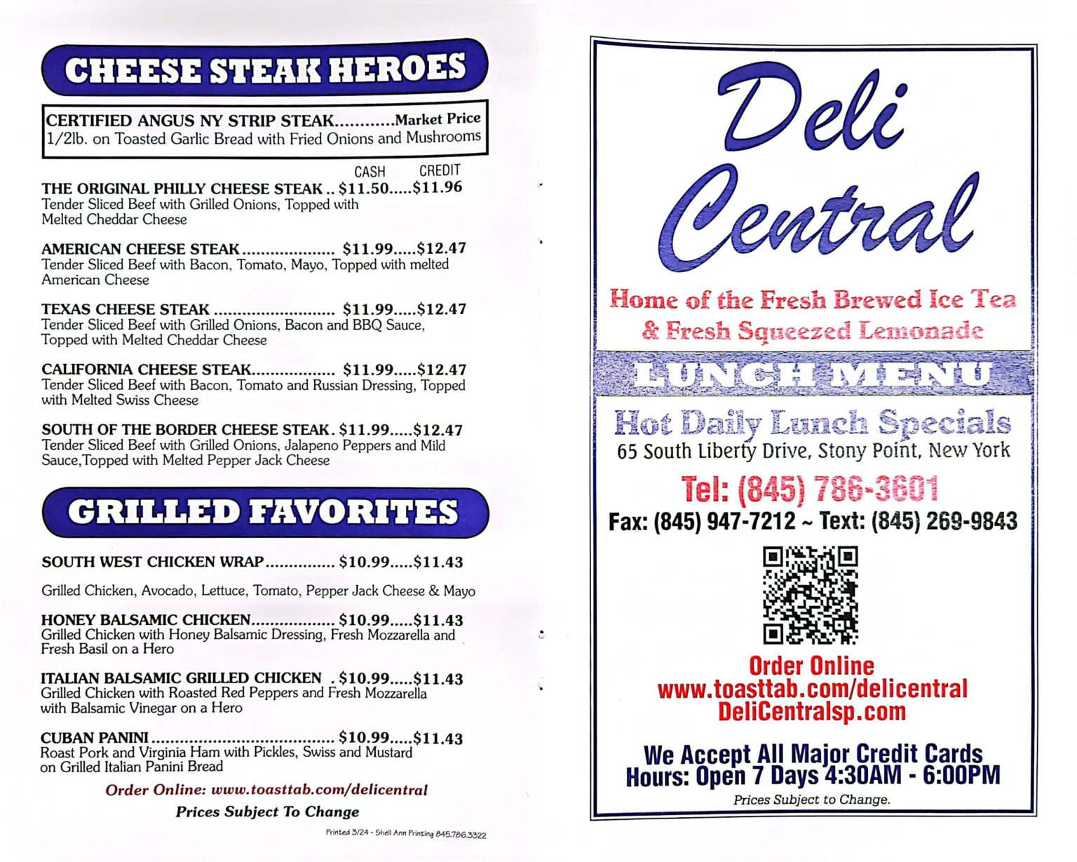 Lunch Menu Deli Central